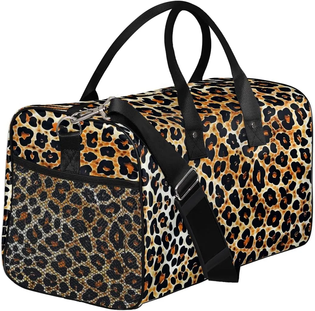 Leopard Travel Duffle Bag for Women Men Foldable Waterproof Weekender Bag Carry on Tote for Overnight Sports Gym Leopard Print Faux Fur