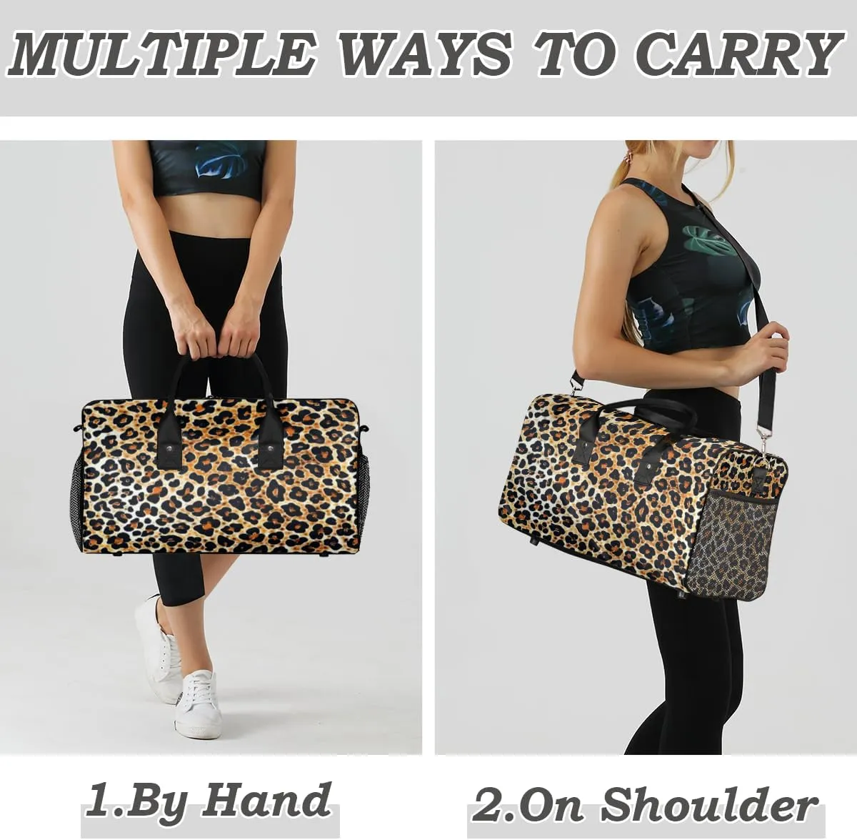 Leopard Travel Duffle Bag for Women Men Foldable Waterproof Weekender Bag Carry on Tote for Overnight Sports Gym Leopard Print Faux Fur