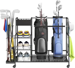 Lifewit Golf Bag Organizer, Golf Bag Stand, Golf Club Holder with Wheels, 4 Removable Hooks, Shoe Racks for Golf Equipment Accessories, Golf Organizers and Storage for Garage, Basement, Shed