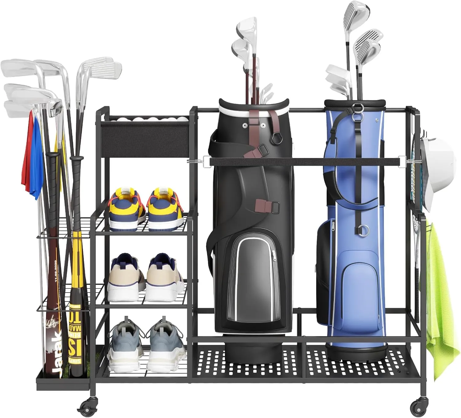Lifewit Golf Bag Organizer, Golf Bag Stand, Golf Club Holder with Wheels, 4 Removable Hooks, Shoe Racks for Golf Equipment Accessories, Golf Organizers and Storage for Garage, Basement, Shed