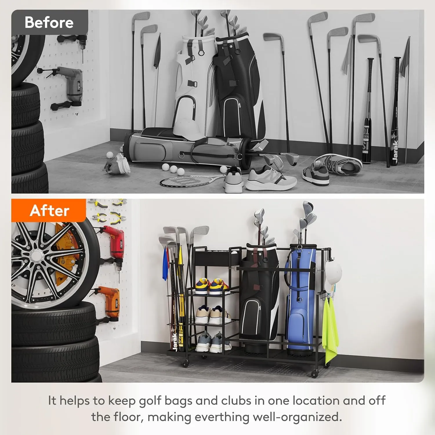 Lifewit Golf Bag Organizer, Golf Bag Stand, Golf Club Holder with Wheels, 4 Removable Hooks, Shoe Racks for Golf Equipment Accessories, Golf Organizers and Storage for Garage, Basement, Shed