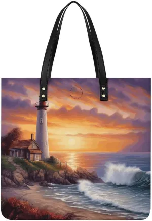 Lighthouse at Sunset Leather Handbags Crossbody Bags for Women Trendy Vegan Purses Shoulder Handbags with Wide Shoulder Strap And Zipper