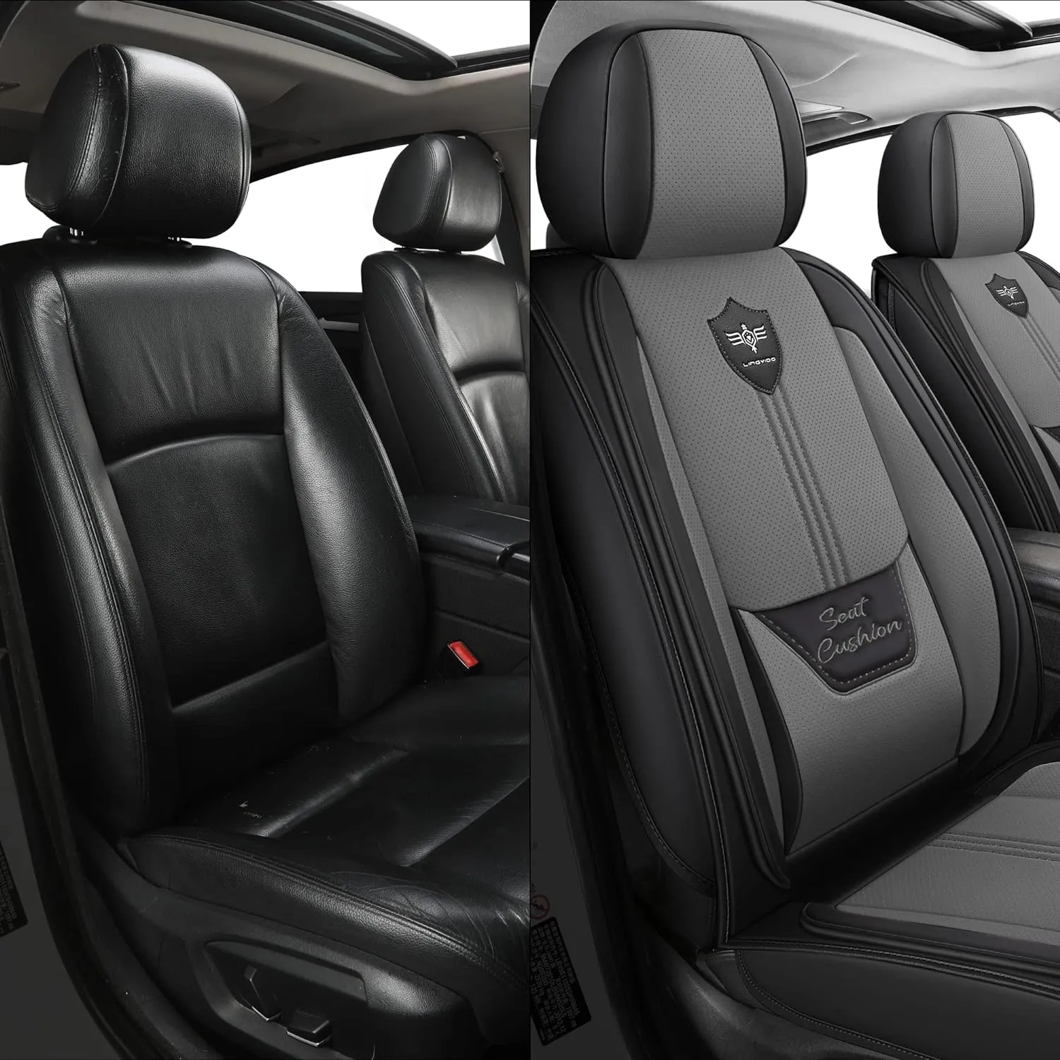 LINGVIDO Leather Car Seat Covers, Breathable Automotive Cover Cushion Accessories for Cars & SUV Truck Universal Fit Set(Grey Front Set)