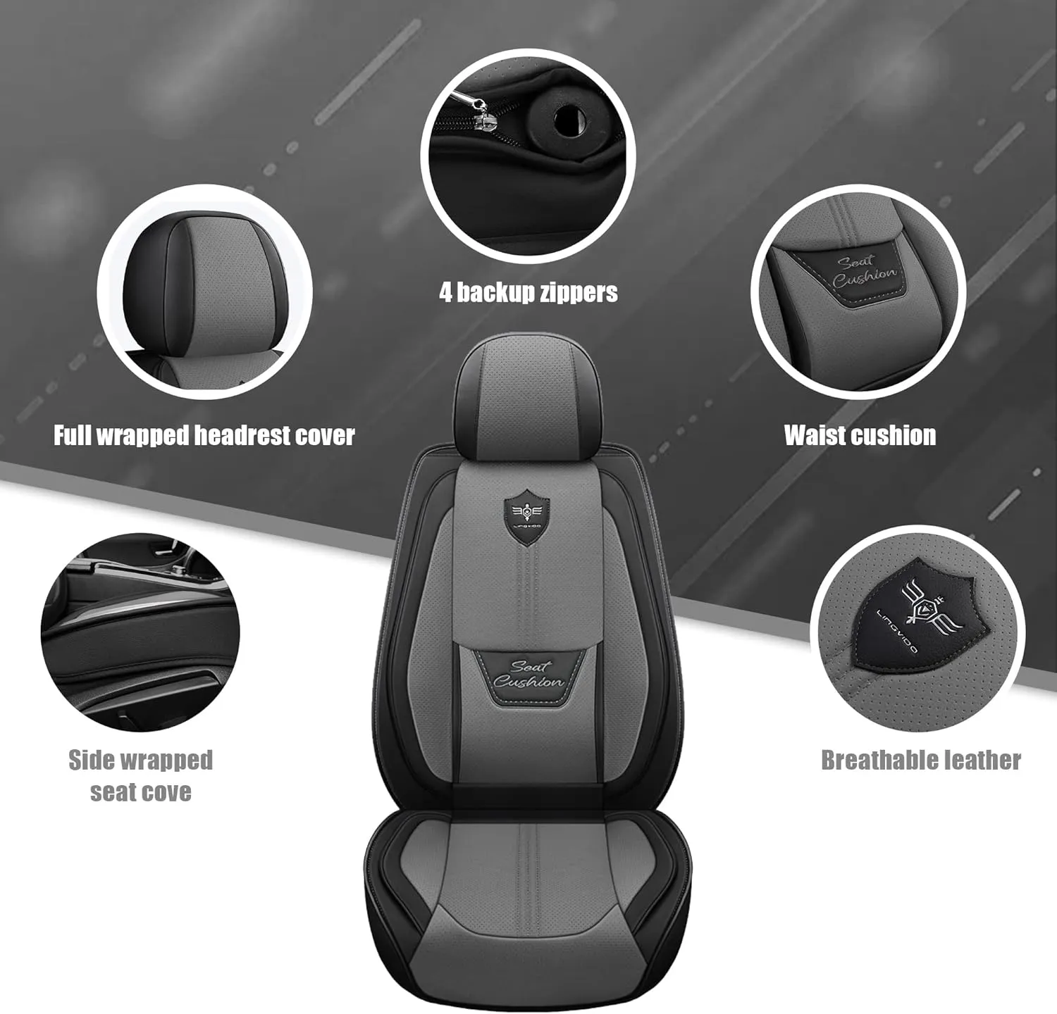 LINGVIDO Leather Car Seat Covers, Breathable Automotive Cover Cushion Accessories for Cars & SUV Truck Universal Fit Set(Grey Front Set)