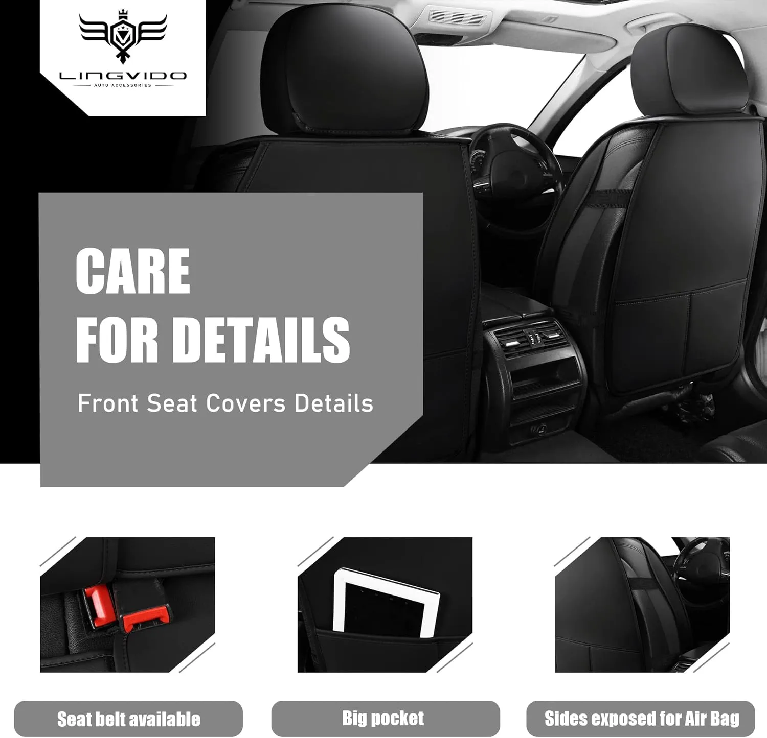 LINGVIDO Leather Car Seat Covers, Breathable Automotive Cover Cushion Accessories for Cars & SUV Truck Universal Fit Set(Grey Front Set)