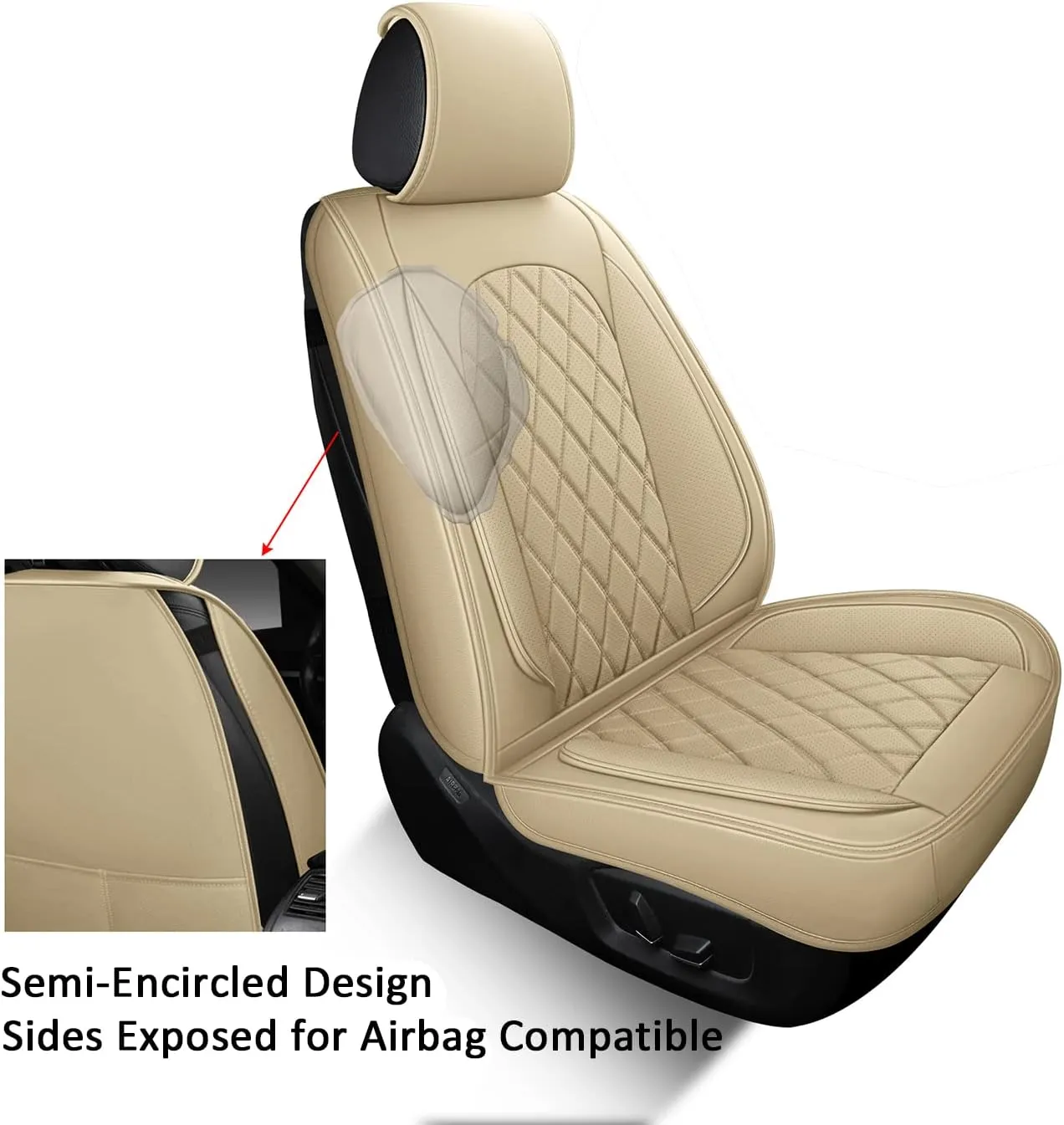 LINGVIDO Waterproof Faux Leather Automotive Seat Covers, Sport Cushion Protector for Cars & SUV Trucks Universal Fit Carseat Protector (Front only, Beige)