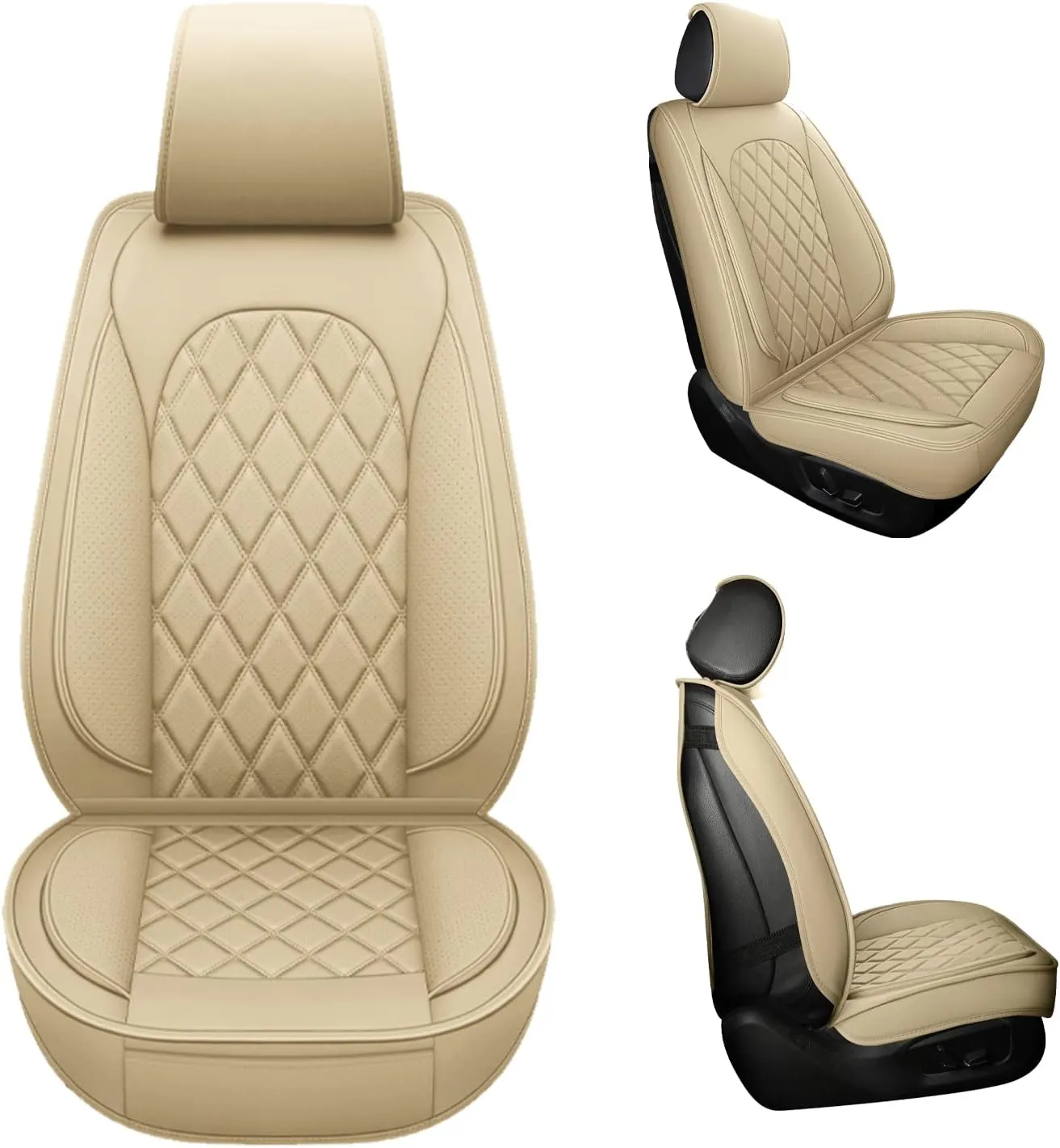 LINGVIDO Waterproof Faux Leather Automotive Seat Covers, Sport Cushion Protector for Cars & SUV Trucks Universal Fit Carseat Protector (Front only, Beige)