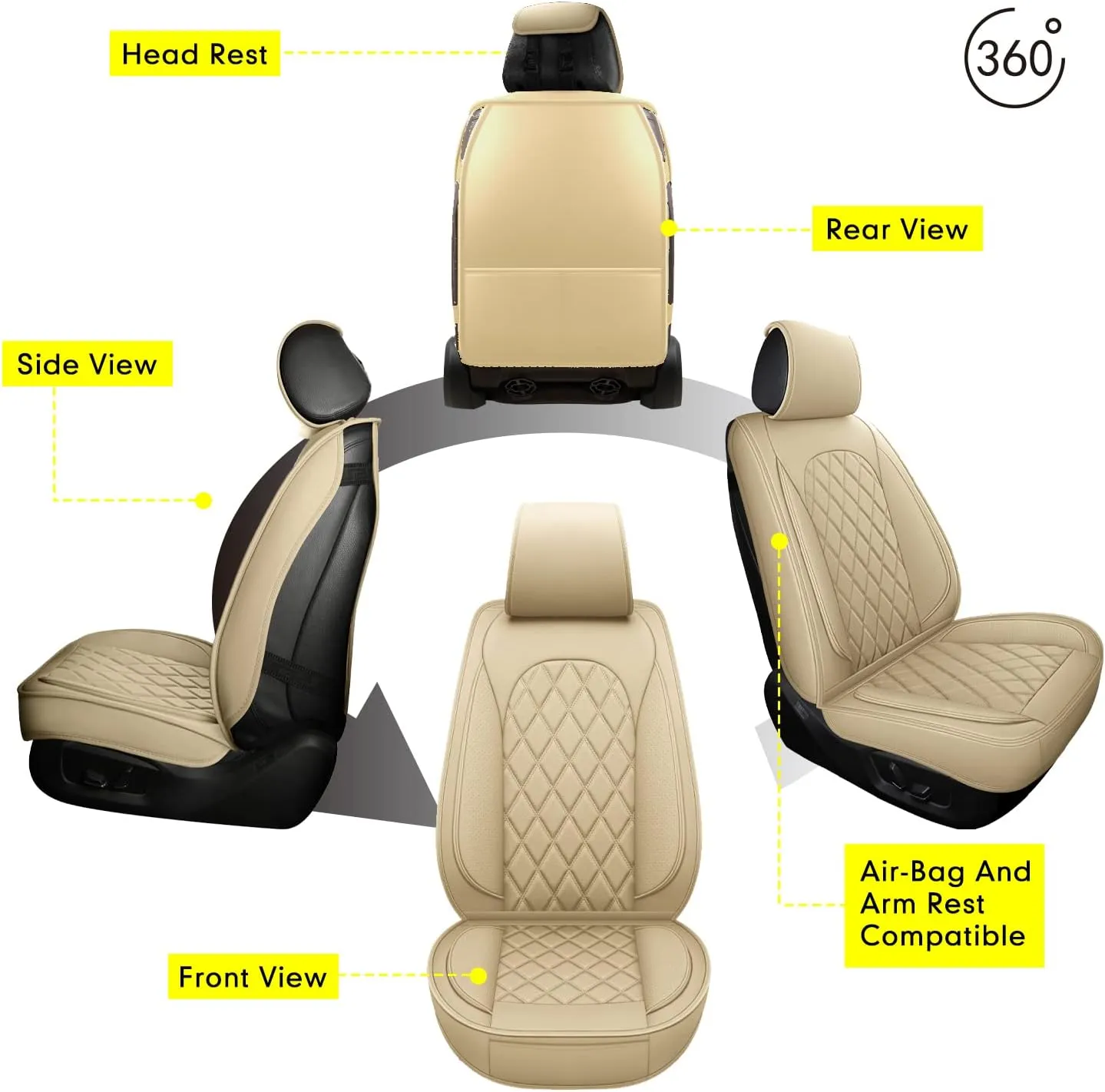 LINGVIDO Waterproof Faux Leather Automotive Seat Covers, Sport Cushion Protector for Cars & SUV Trucks Universal Fit Carseat Protector (Front only, Beige)