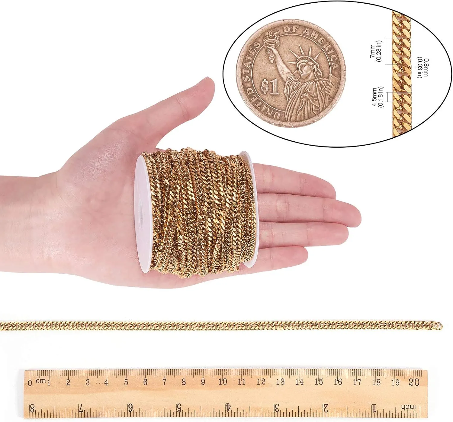 LiQunSweet 32.8 Ft(10 Meters) Stainless Steel Gold Plated 7x4.5mm Link Twist Curb Chains with Spool Bulk for Women Men Jewelry Making Bag Eyeglass Strap Chain Accessories
