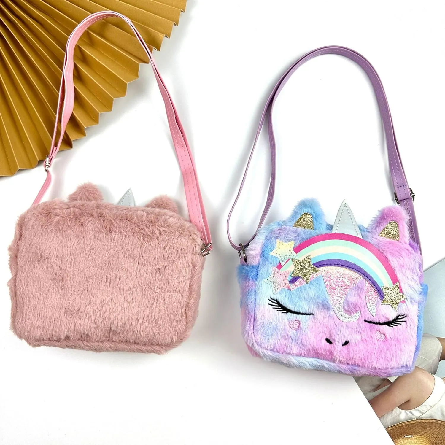 Little Girls Kids Toddler Unicorn Fuzzy Plush Crossbody Purse Rainbow Faux Fur Wallet Handbag