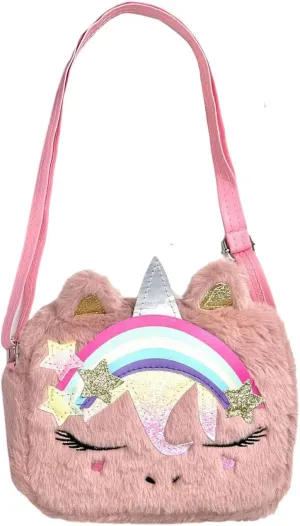 Little Girls Kids Toddler Unicorn Fuzzy Plush Crossbody Purse Rainbow Faux Fur Wallet Handbag