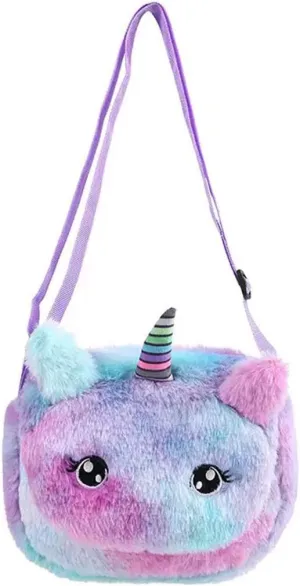 Little Girls Kids Toddler Unicorn Fuzzy Plush Crossbody Purse Rainbow Faux Fur Wallet Handbag