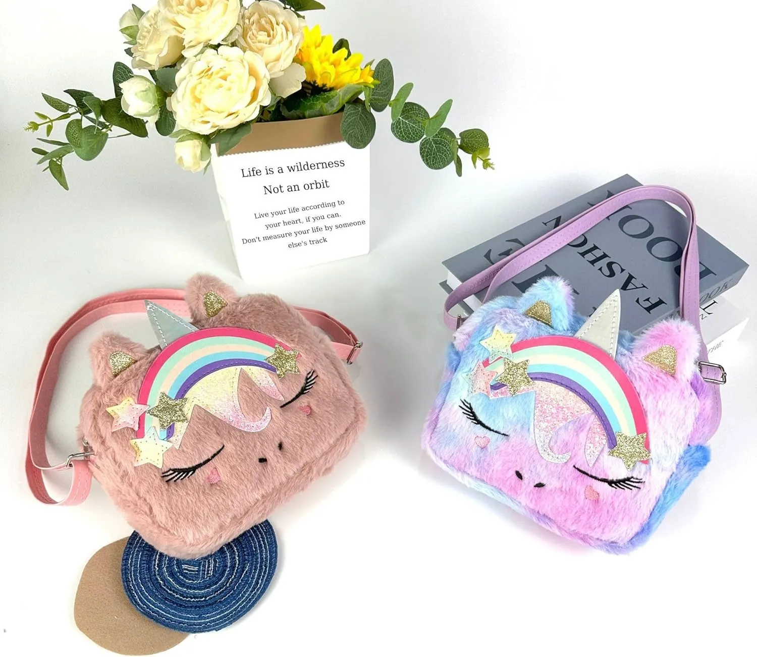 Little Girls Kids Toddler Unicorn Fuzzy Plush Crossbody Purse Rainbow Faux Fur Wallet Handbag