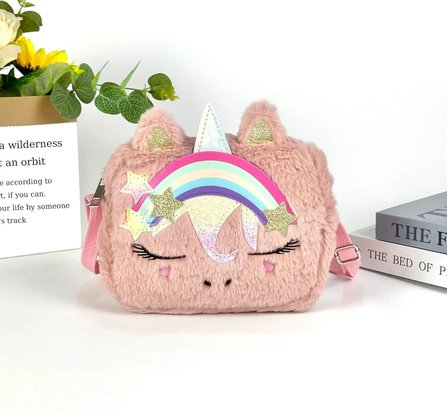 Little Girls Kids Toddler Unicorn Fuzzy Plush Crossbody Purse Rainbow Faux Fur Wallet Handbag