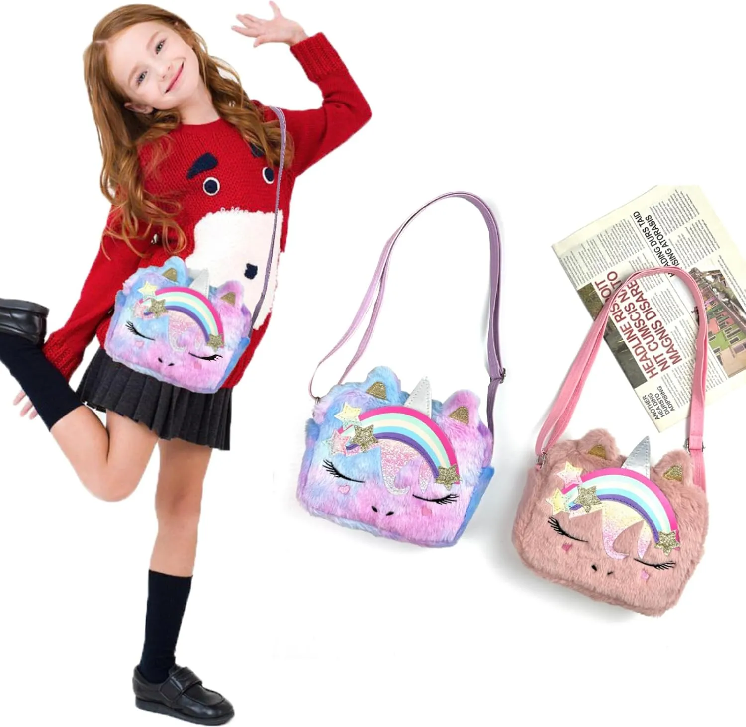 Little Girls Kids Toddler Unicorn Fuzzy Plush Crossbody Purse Rainbow Faux Fur Wallet Handbag