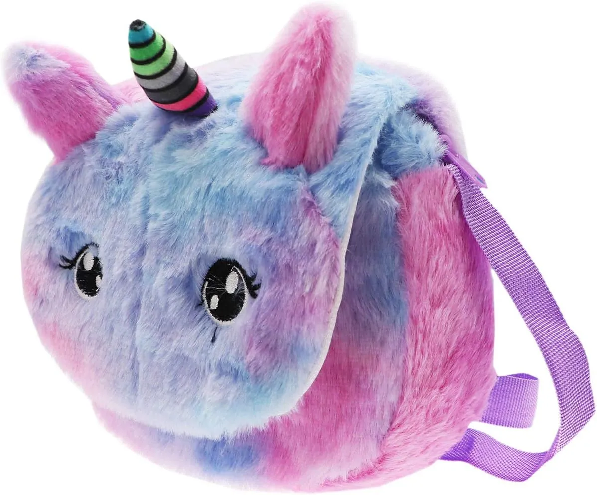 Little Girls Kids Toddler Unicorn Fuzzy Plush Crossbody Purse Rainbow Faux Fur Wallet Handbag