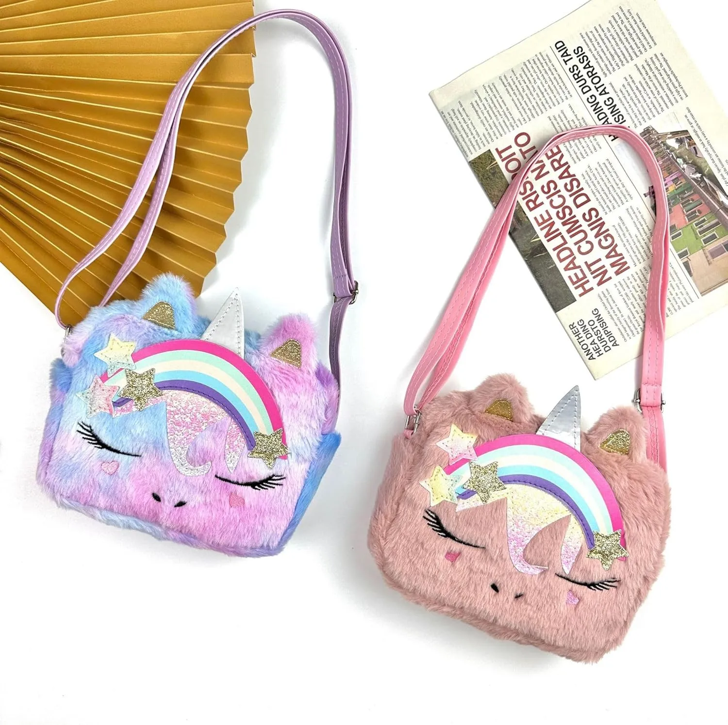 Little Girls Kids Toddler Unicorn Fuzzy Plush Crossbody Purse Rainbow Faux Fur Wallet Handbag