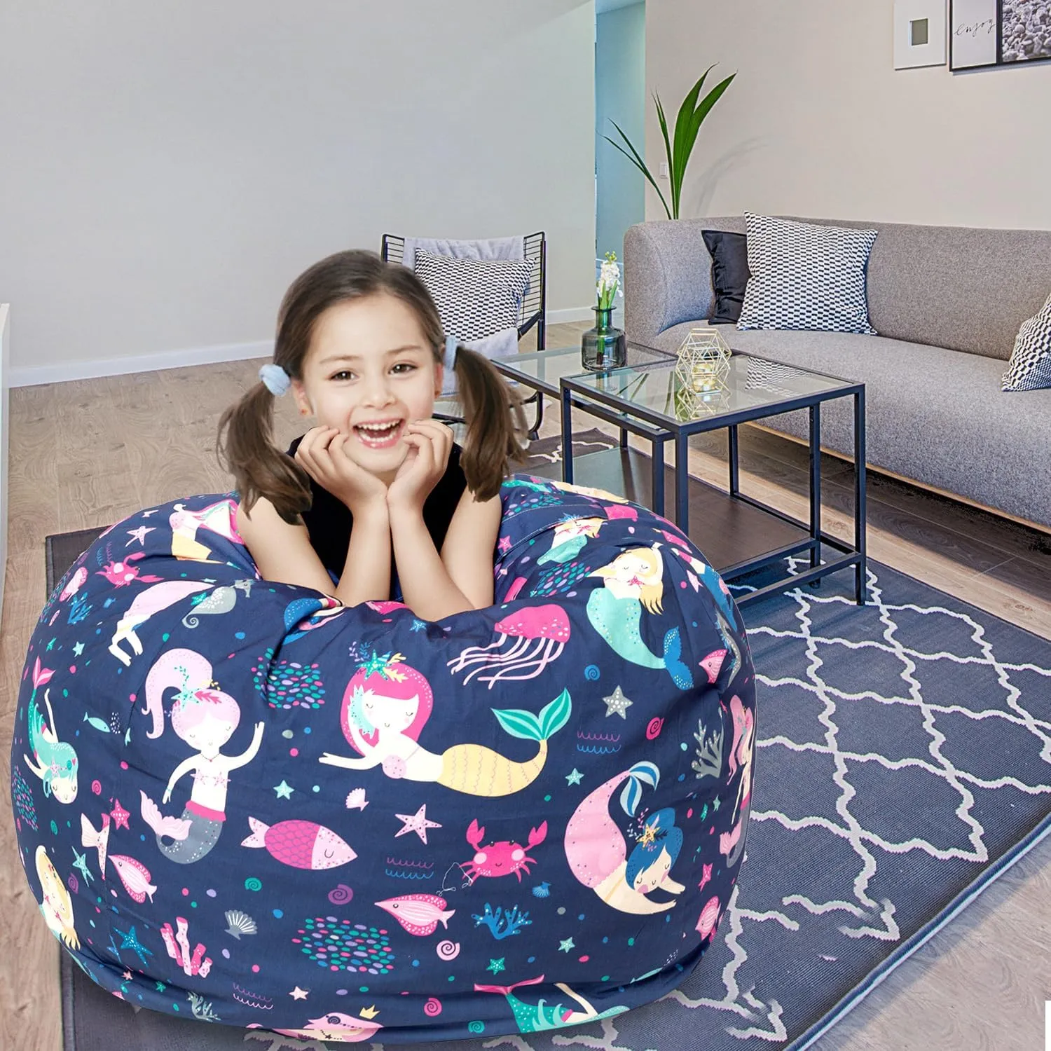 LOLOMLO Stuffed Animal Storage Bean Bag Chair Cover, Hold Kids Plush Toys Blankets Towels Beanbag (Cover Only), Canvas Floor Circle Stuff Sit Seat Sofa with YKK Zipper, Extra Large 38", Mermaid