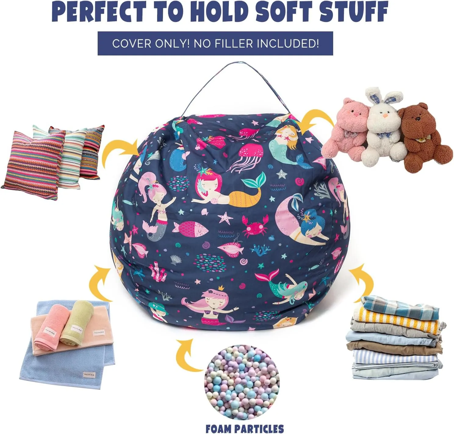LOLOMLO Stuffed Animal Storage Bean Bag Chair Cover, Hold Kids Plush Toys Blankets Towels Beanbag (Cover Only), Canvas Floor Circle Stuff Sit Seat Sofa with YKK Zipper, Extra Large 38", Mermaid