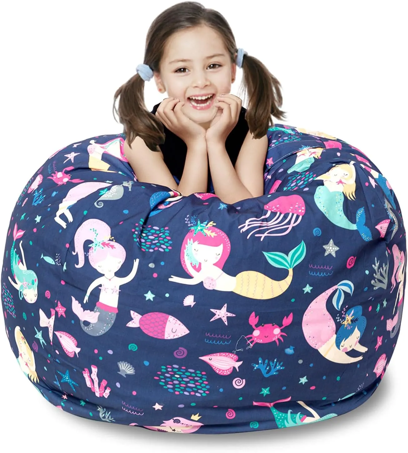 LOLOMLO Stuffed Animal Storage Bean Bag Chair Cover, Hold Kids Plush Toys Blankets Towels Beanbag (Cover Only), Canvas Floor Circle Stuff Sit Seat Sofa with YKK Zipper, Extra Large 38", Mermaid