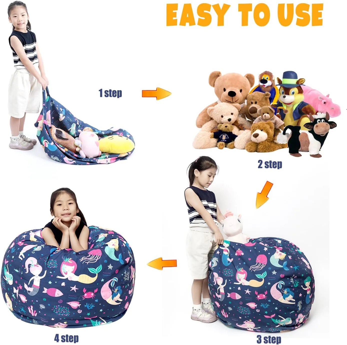 LOLOMLO Stuffed Animal Storage Bean Bag Chair Cover, Hold Kids Plush Toys Blankets Towels Beanbag (Cover Only), Canvas Floor Circle Stuff Sit Seat Sofa with YKK Zipper, Extra Large 38", Mermaid