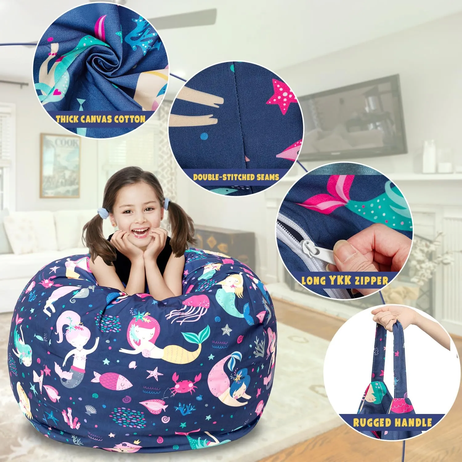 LOLOMLO Stuffed Animal Storage Bean Bag Chair Cover, Hold Kids Plush Toys Blankets Towels Beanbag (Cover Only), Canvas Floor Circle Stuff Sit Seat Sofa with YKK Zipper, Extra Large 38", Mermaid