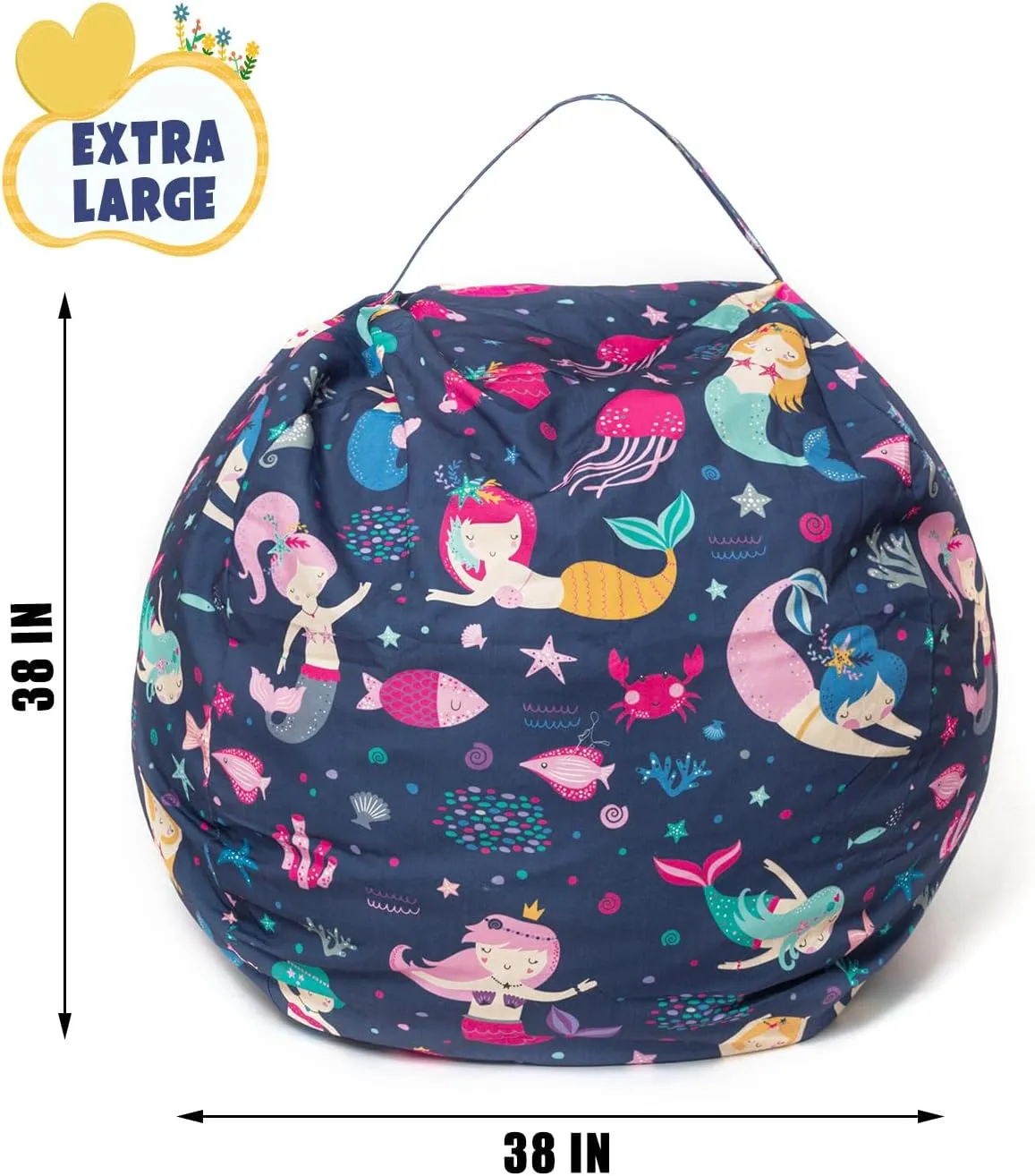 LOLOMLO Stuffed Animal Storage Bean Bag Chair Cover, Hold Kids Plush Toys Blankets Towels Beanbag (Cover Only), Canvas Floor Circle Stuff Sit Seat Sofa with YKK Zipper, Extra Large 38", Mermaid