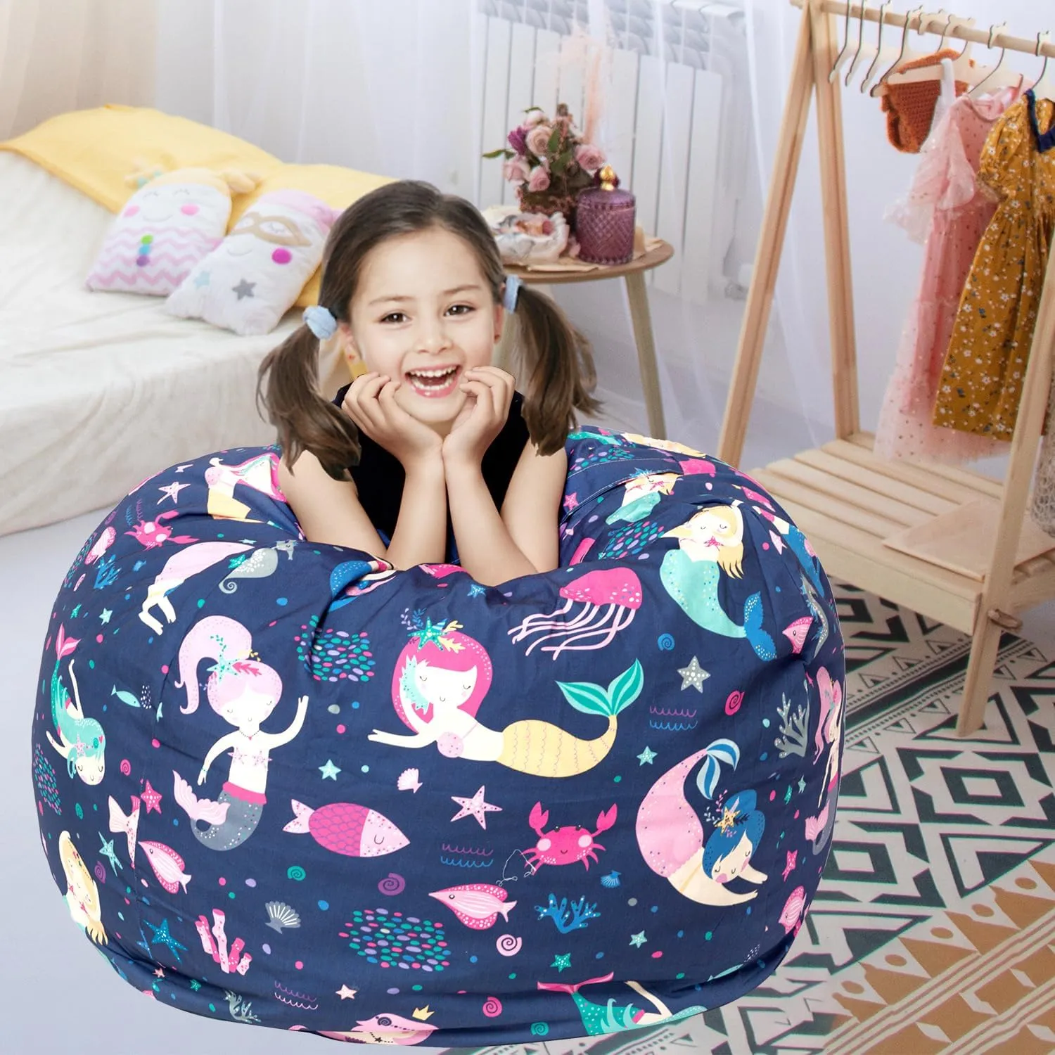LOLOMLO Stuffed Animal Storage Bean Bag Chair Cover, Hold Kids Plush Toys Blankets Towels Beanbag (Cover Only), Canvas Floor Circle Stuff Sit Seat Sofa with YKK Zipper, Extra Large 38", Mermaid