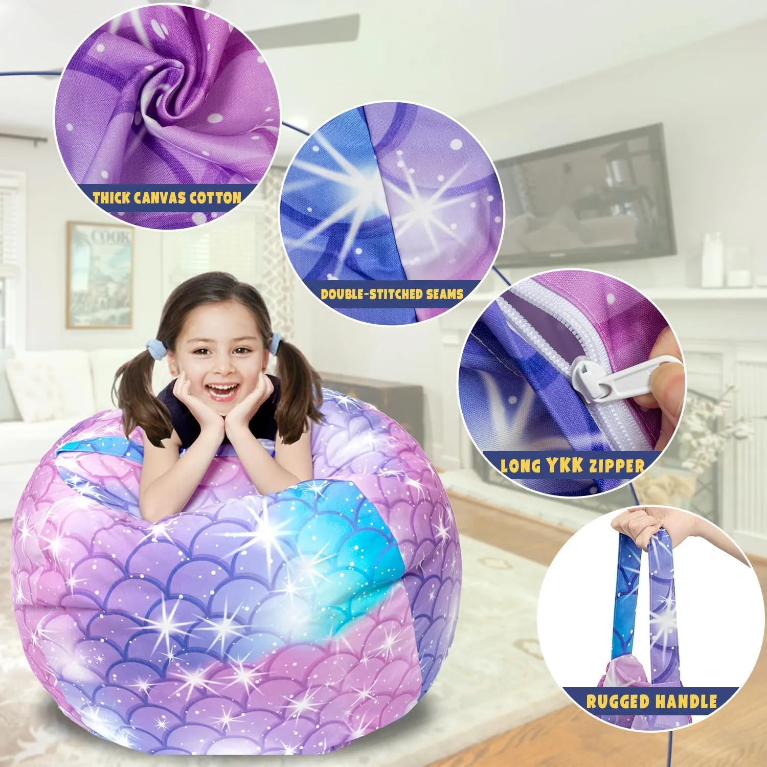 LOLOMLO Stuffed Animal Storage Bean Bag Chair Cover, Hold Kids Plush Toys Blankets Towels Beanbag (Cover Only), Floor Circle Stuff Sit Seat Sofa with YKK Zipper, Extra Large 38", Classic Mermaid