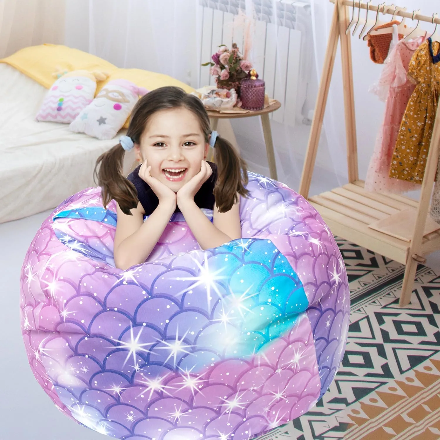 LOLOMLO Stuffed Animal Storage Bean Bag Chair Cover, Hold Kids Plush Toys Blankets Towels Beanbag (Cover Only), Floor Circle Stuff Sit Seat Sofa with YKK Zipper, Extra Large 38", Classic Mermaid
