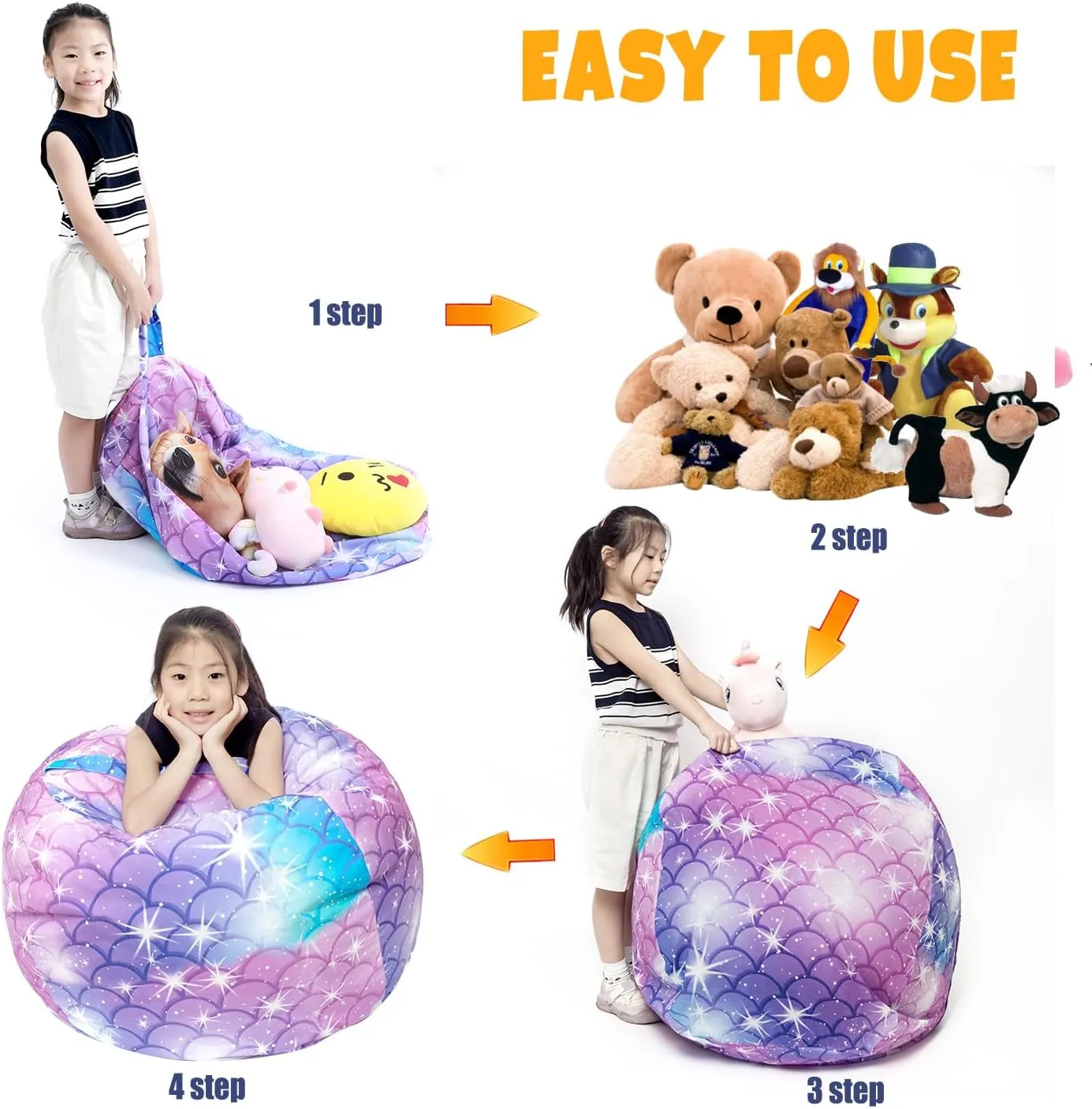 LOLOMLO Stuffed Animal Storage Bean Bag Chair Cover, Hold Kids Plush Toys Blankets Towels Beanbag (Cover Only), Floor Circle Stuff Sit Seat Sofa with YKK Zipper, Extra Large 38", Classic Mermaid