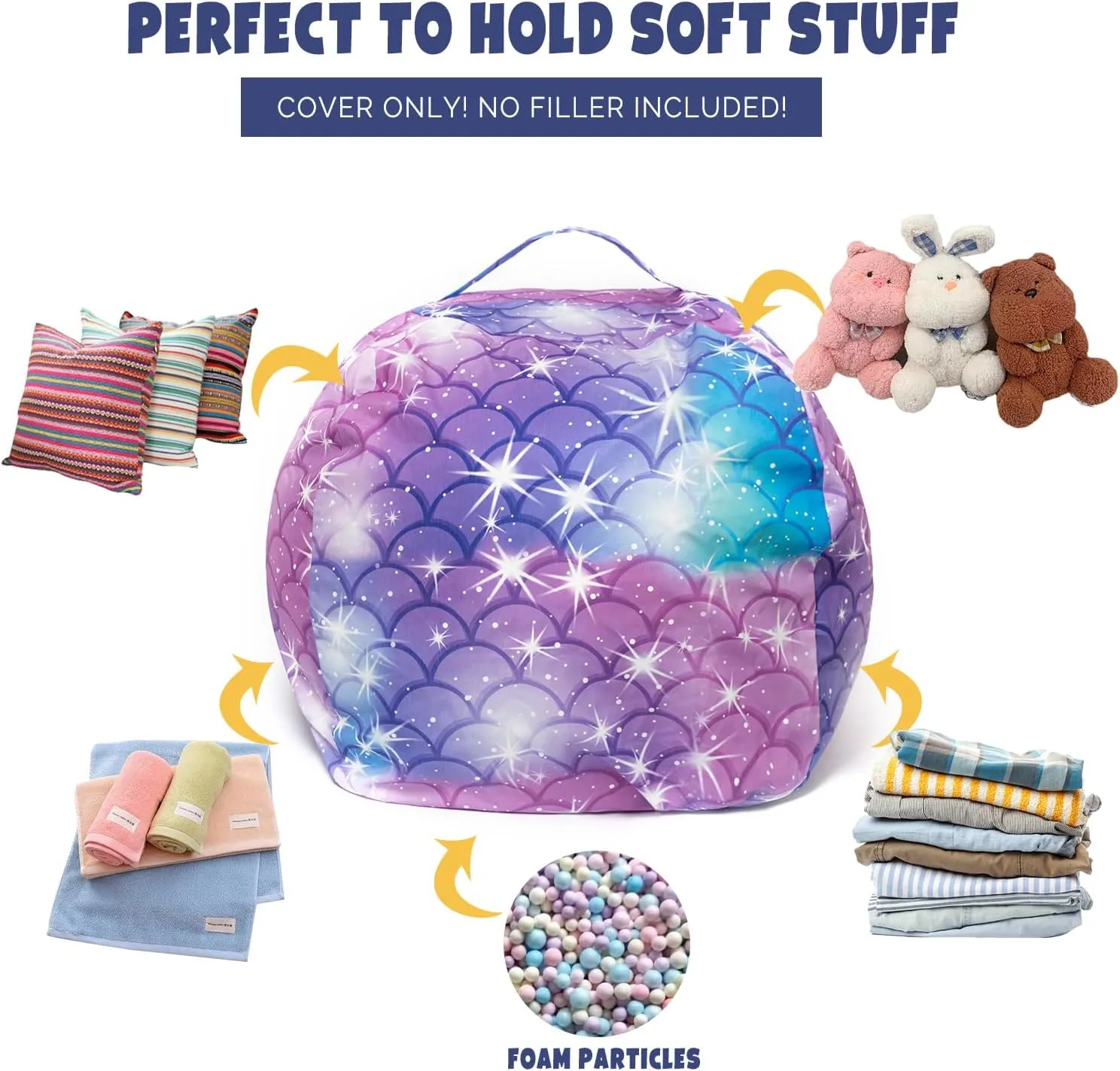 LOLOMLO Stuffed Animal Storage Bean Bag Chair Cover, Hold Kids Plush Toys Blankets Towels Beanbag (Cover Only), Floor Circle Stuff Sit Seat Sofa with YKK Zipper, Extra Large 38", Classic Mermaid