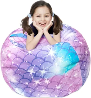 LOLOMLO Stuffed Animal Storage Bean Bag Chair Cover, Hold Kids Plush Toys Blankets Towels Beanbag (Cover Only), Floor Circle Stuff Sit Seat Sofa with YKK Zipper, Extra Large 38", Classic Mermaid