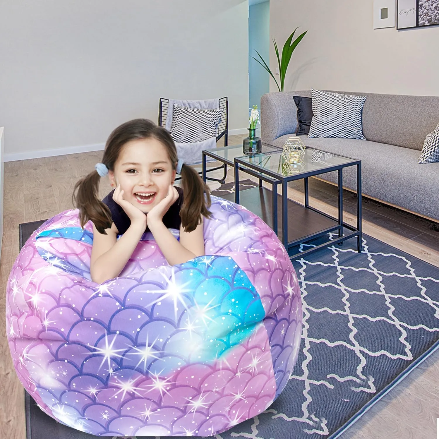 LOLOMLO Stuffed Animal Storage Bean Bag Chair Cover, Hold Kids Plush Toys Blankets Towels Beanbag (Cover Only), Floor Circle Stuff Sit Seat Sofa with YKK Zipper, Extra Large 38", Classic Mermaid