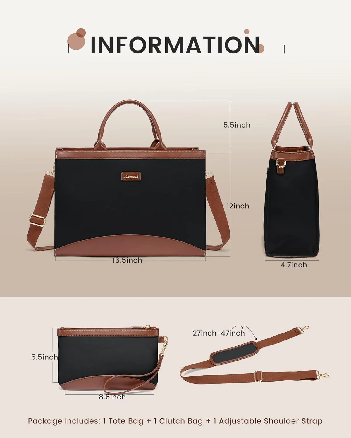 LOVEVOOK Laptop Tote Bag for Women 15.6 Inch Large Capacity Work Bag with Clutch Purse for Teacher, Canvas Computer Bag for Business fits Office College Travel Black & Brown