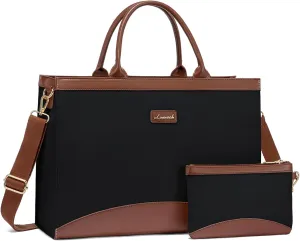 LOVEVOOK Laptop Tote Bag for Women 15.6 Inch Large Capacity Work Bag with Clutch Purse for Teacher, Canvas Computer Bag for Business fits Office College Travel Black & Brown