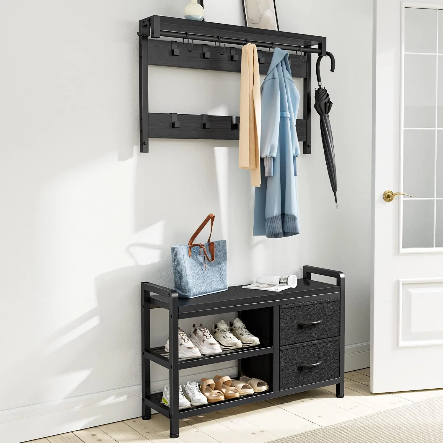 Lulive Hall Tree, 31.5” Entryway Bench with Coat Rack freestanding, 5 in 1 Intelligent Design Shoe Bench and Wall Rack 17 Hooks and Drawers (Black)