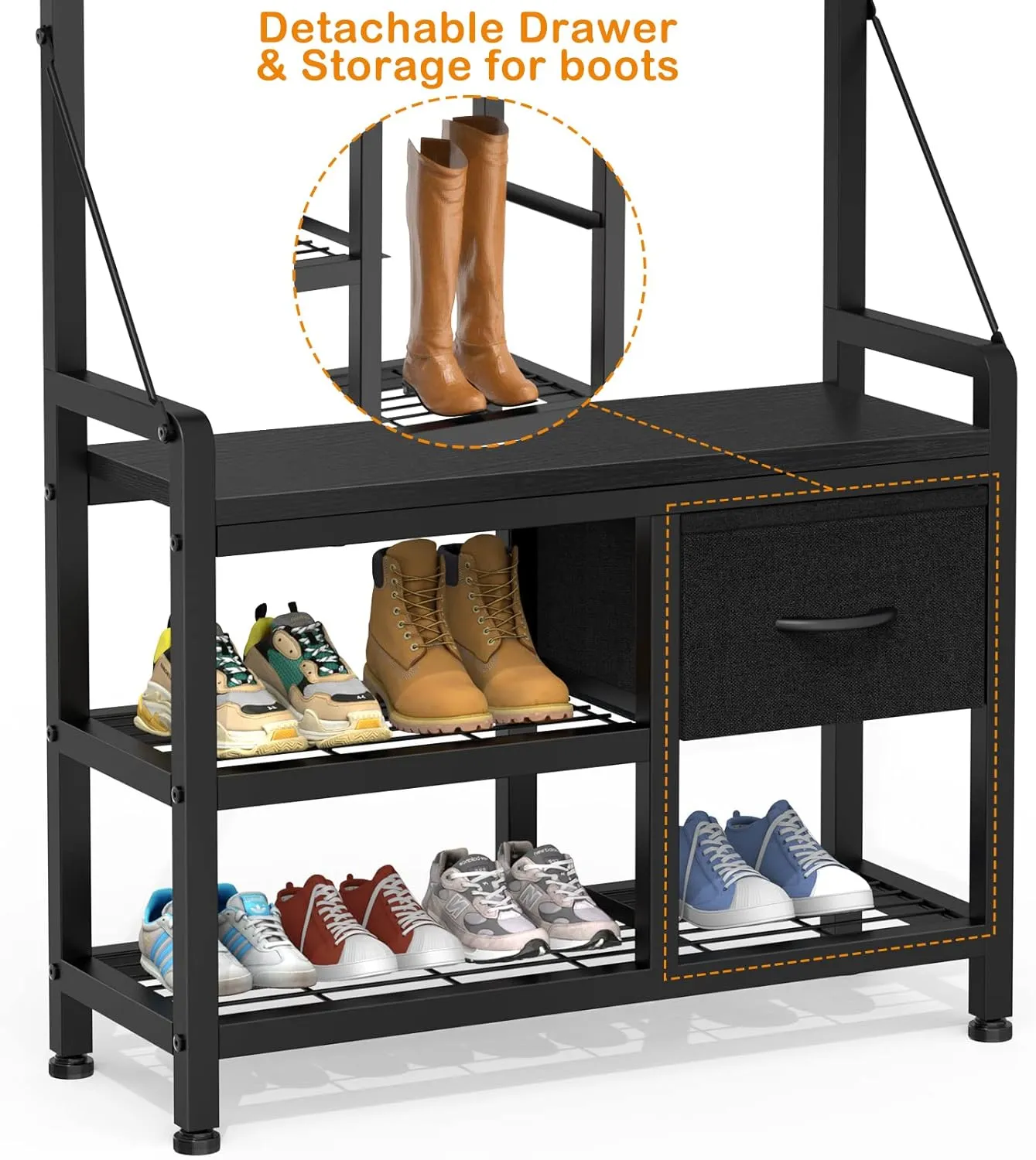 Lulive Hall Tree, 31.5” Entryway Bench with Coat Rack freestanding, 5 in 1 Intelligent Design Shoe Bench and Wall Rack 17 Hooks and Drawers (Black)