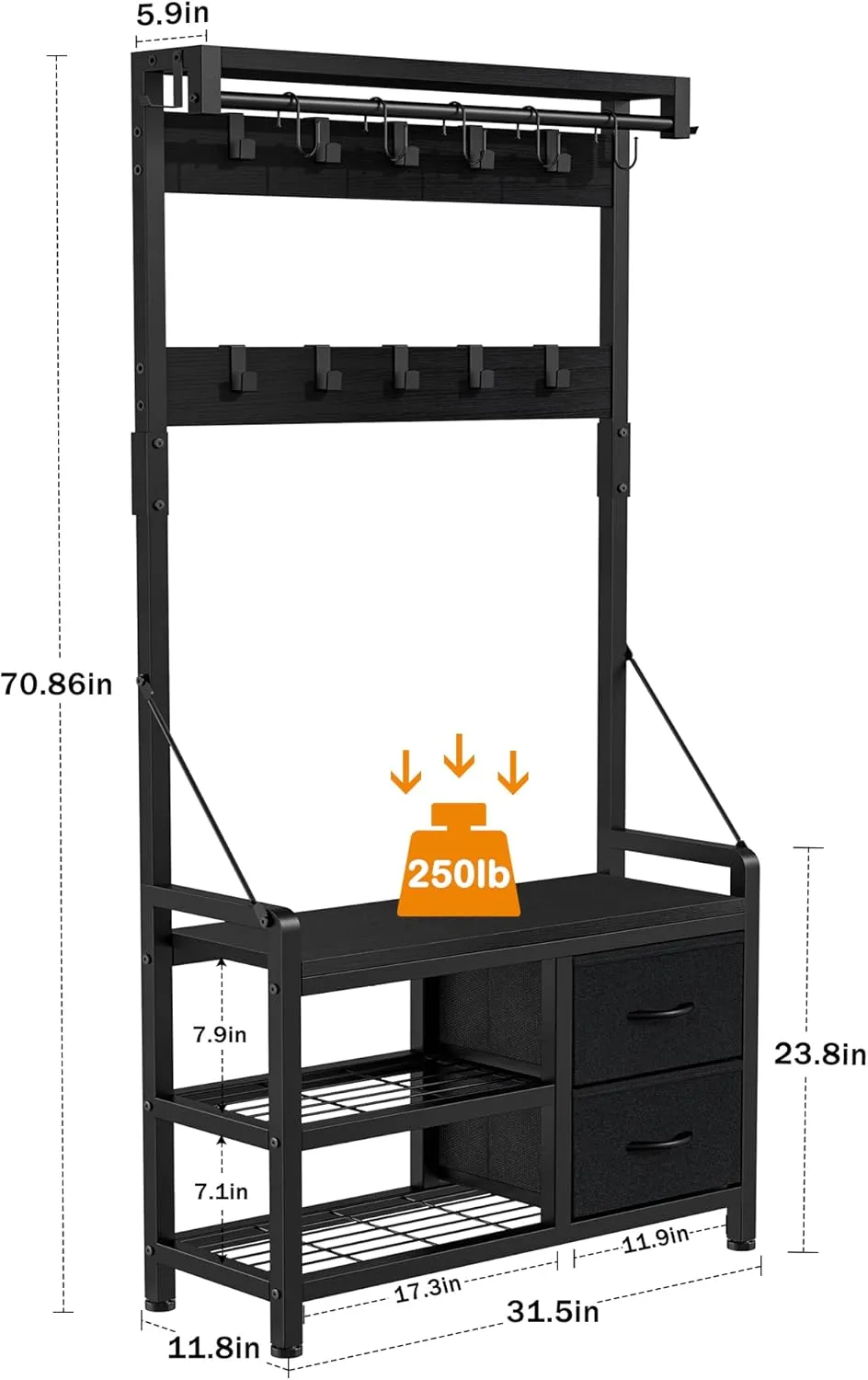 Lulive Hall Tree, 31.5” Entryway Bench with Coat Rack freestanding, 5 in 1 Intelligent Design Shoe Bench and Wall Rack 17 Hooks and Drawers (Black)