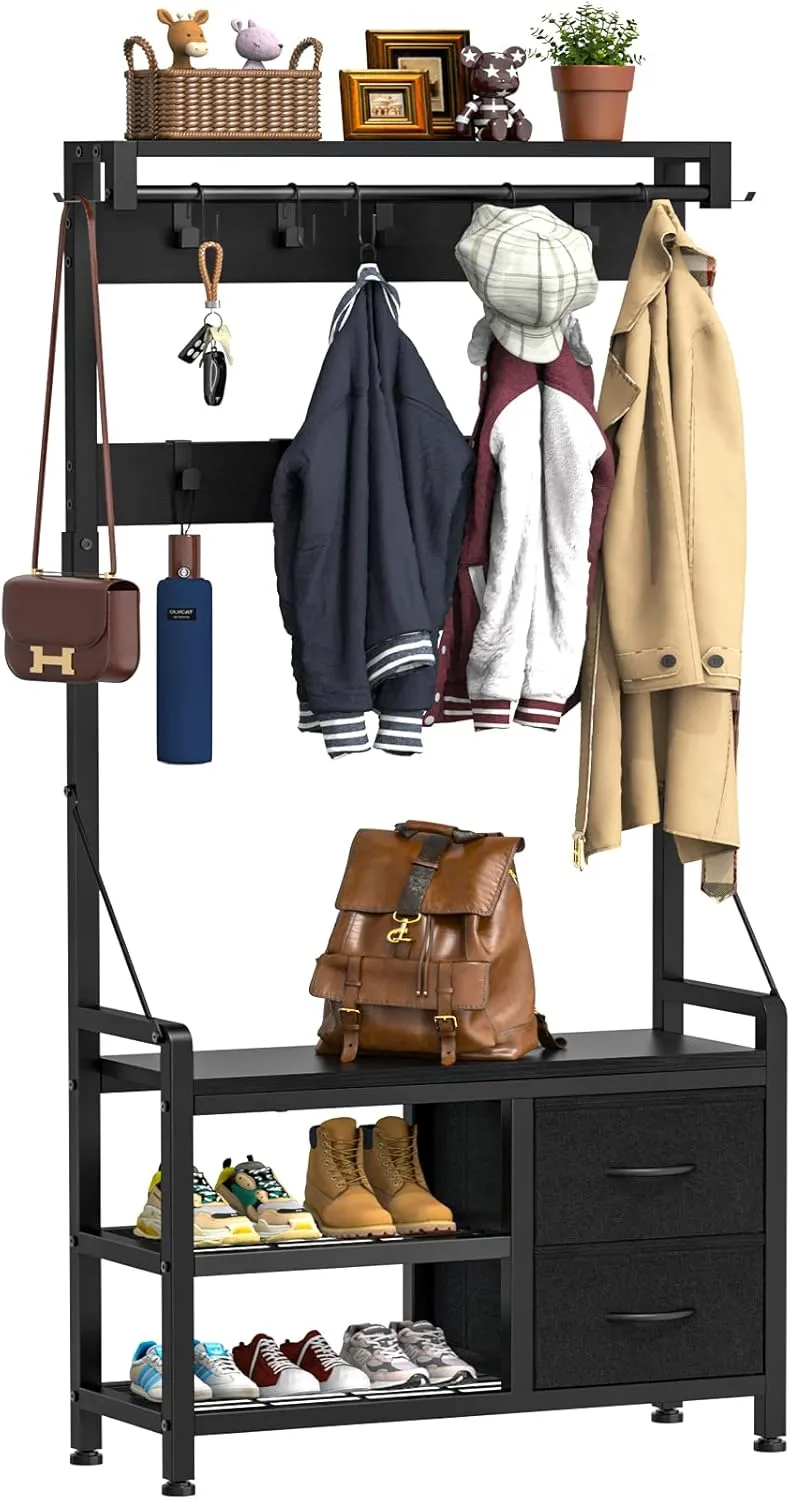 Lulive Hall Tree, 31.5” Entryway Bench with Coat Rack freestanding, 5 in 1 Intelligent Design Shoe Bench and Wall Rack 17 Hooks and Drawers (Black)