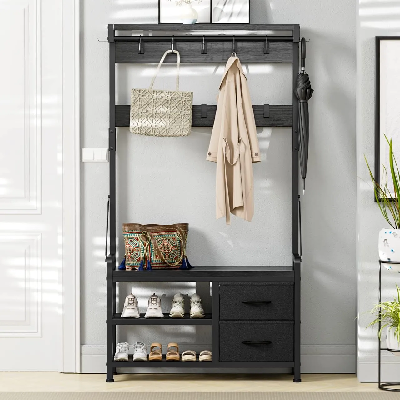 Lulive Hall Tree, 31.5” Entryway Bench with Coat Rack freestanding, 5 in 1 Intelligent Design Shoe Bench and Wall Rack 17 Hooks and Drawers (Black)