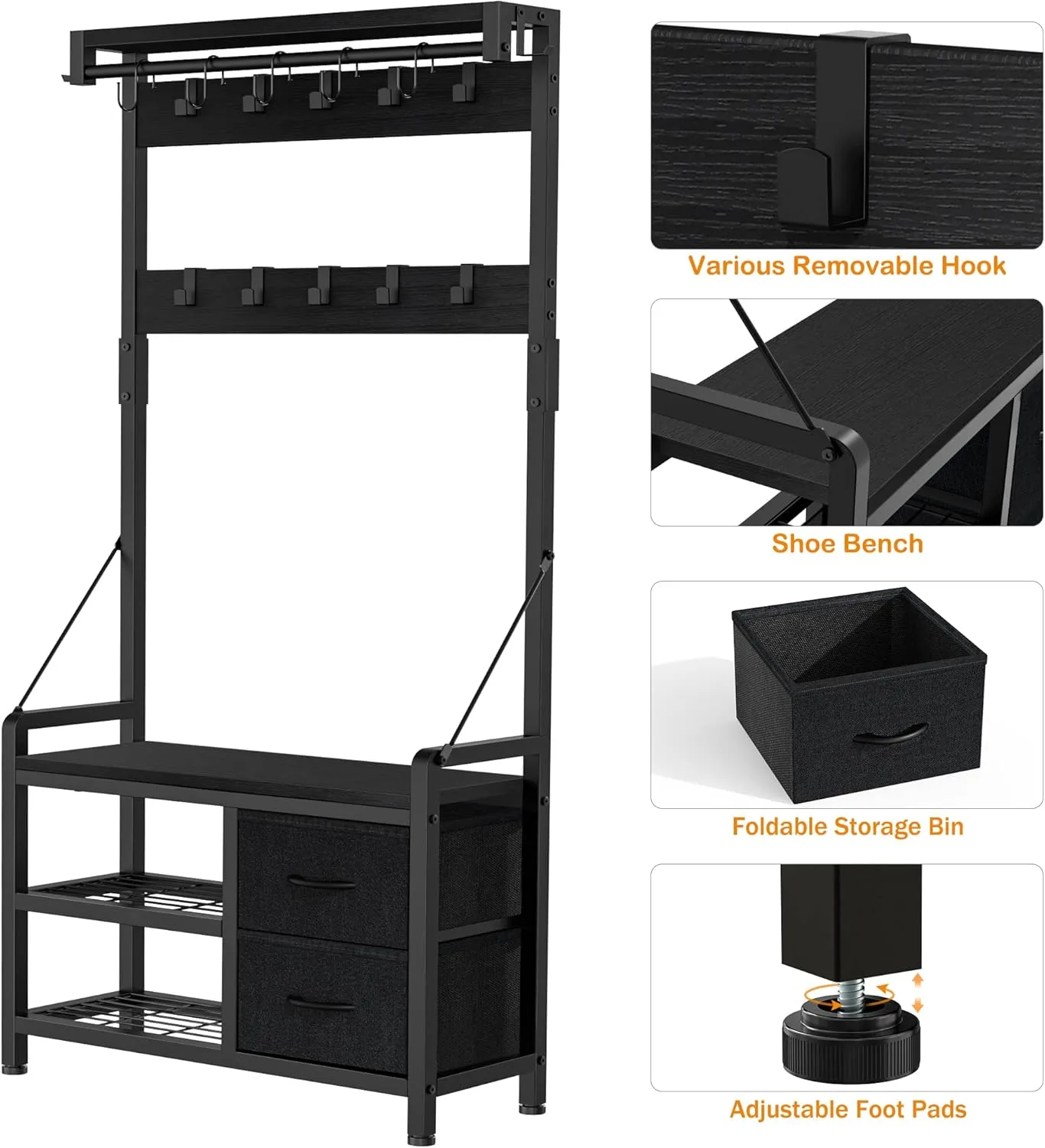 Lulive Hall Tree, 31.5” Entryway Bench with Coat Rack freestanding, 5 in 1 Intelligent Design Shoe Bench and Wall Rack 17 Hooks and Drawers (Black)