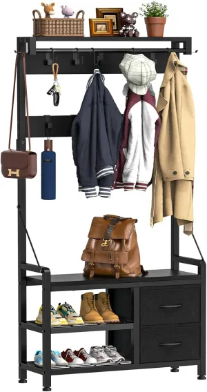 Lulive Hall Tree, 31.5” Entryway Bench with Coat Rack freestanding, 5 in 1 Intelligent Design Shoe Bench and Wall Rack 17 Hooks and Drawers (Black)