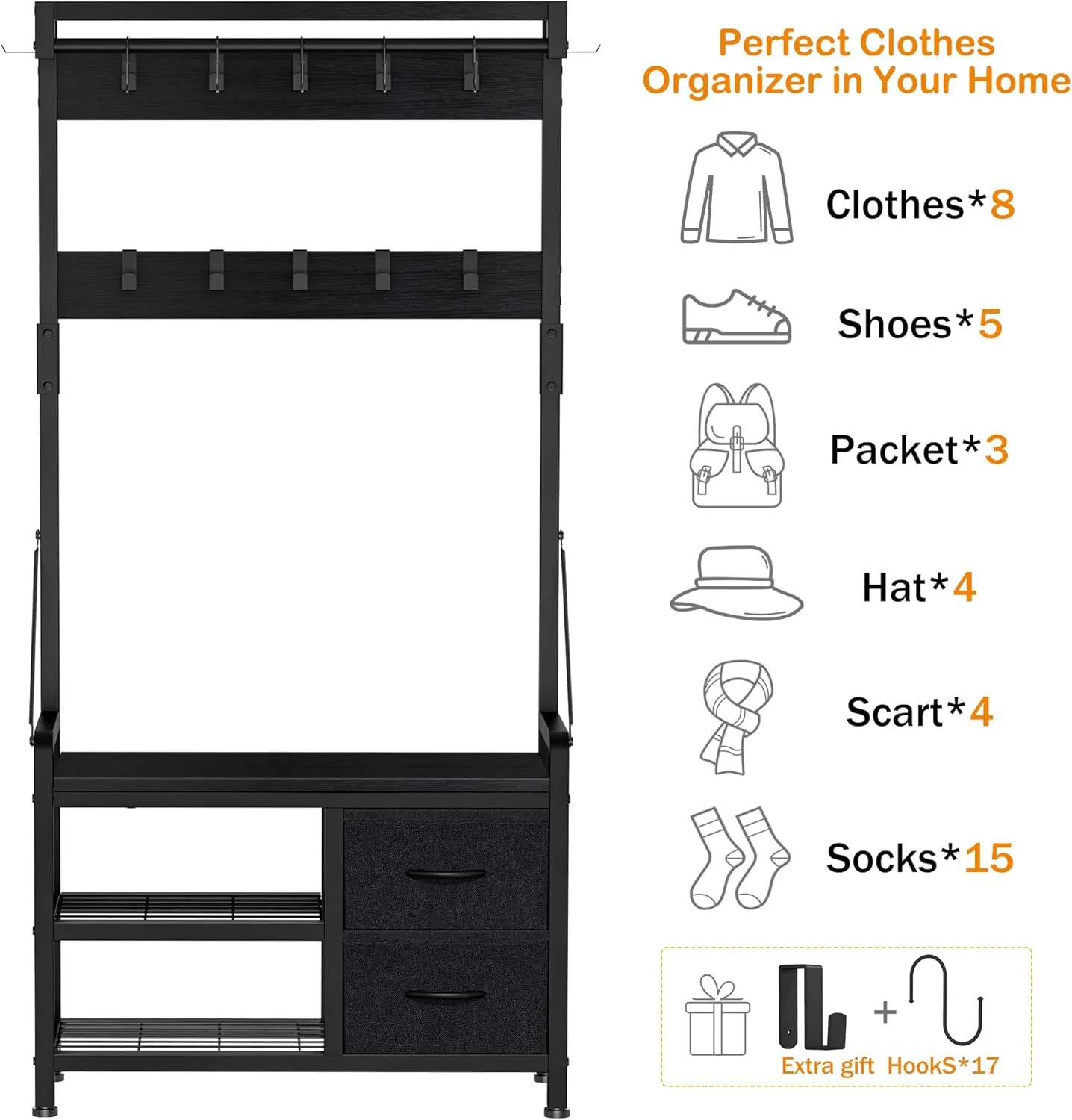 Lulive Hall Tree, 31.5” Entryway Bench with Coat Rack freestanding, 5 in 1 Intelligent Design Shoe Bench and Wall Rack 17 Hooks and Drawers (Black)