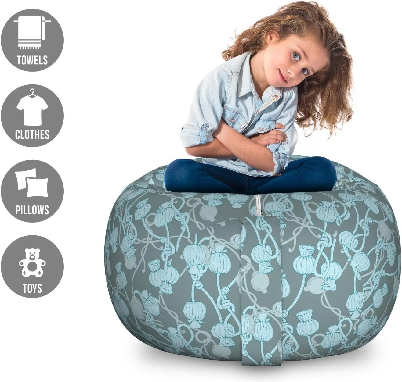 Lunarable Abstract Storage Toy Bag Chair, Sketched Hand-Drawn Fictional Effect Botanical Elements, Stuffed Animal Organizer Washable Bag, Large Size, Sage Green Grey Teal
