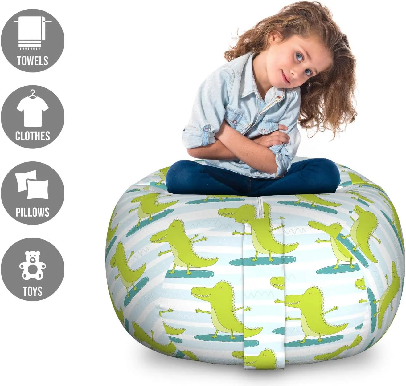 Lunarable Alligator Storage Toy Bag Chair, Surfing Hipster Sportive Crocodiles Exercise Carnivore Pattern, Stuffed Animal Organizer Washable Bag, Large Size, Yellow Green Pale Blue