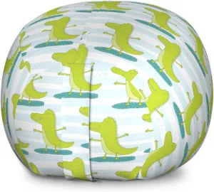 Lunarable Alligator Storage Toy Bag Chair, Surfing Hipster Sportive Crocodiles Exercise Carnivore Pattern, Stuffed Animal Organizer Washable Bag, Large Size, Yellow Green Pale Blue