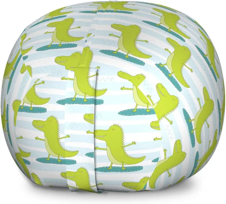 Lunarable Alligator Storage Toy Bag Chair, Surfing Hipster Sportive Crocodiles Exercise Carnivore Pattern, Stuffed Animal Organizer Washable Bag, Large Size, Yellow Green Pale Blue