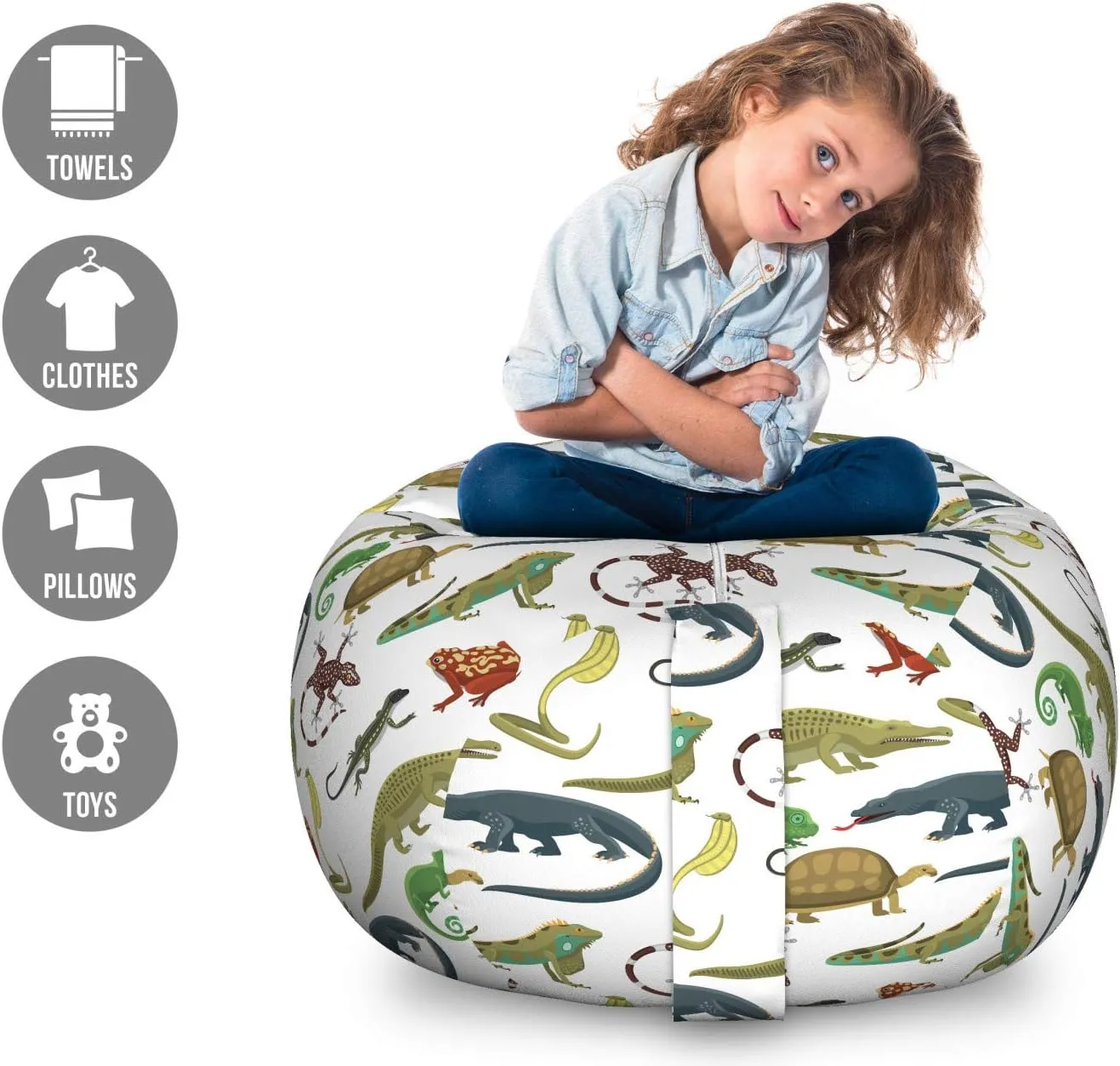 Lunarable Animal Print Storage Toy Bag Chair, Cartoon Pattern of Reptiles and Amphibians Snake Frog Lizard Gator Tortoise, Stuffed Animal Organizer Washable Bag, Large Size, White Yellow
