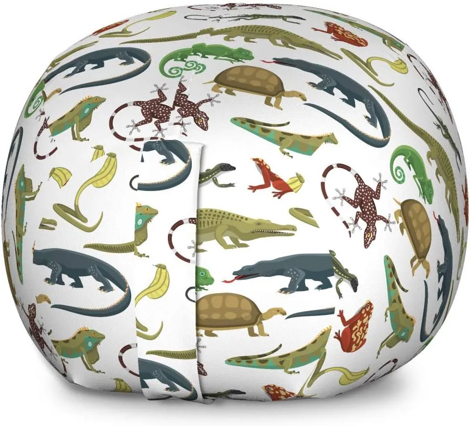 Lunarable Animal Print Storage Toy Bag Chair, Cartoon Pattern of Reptiles and Amphibians Snake Frog Lizard Gator Tortoise, Stuffed Animal Organizer Washable Bag, Large Size, White Yellow